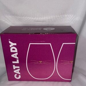 Cat Lady Whisker Stemless Wine Glasses Set of 2 19oz Clear w/Gold